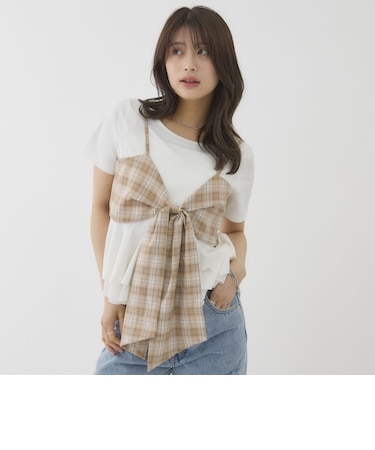 チェックアソートリボンビスチェ×ペプラムブラウスＴＥＥ　ＳＥＴ