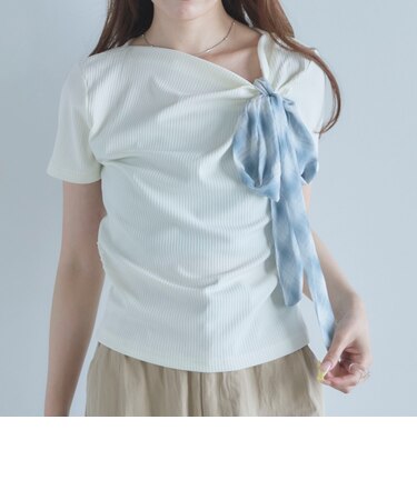 2wayチェックシフォンリボンドレープカットTOPS