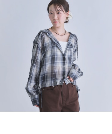 ドロストチェックフードシャツ