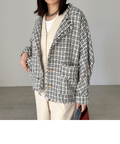 ドルマンスリーブツイードノーカラージャケット