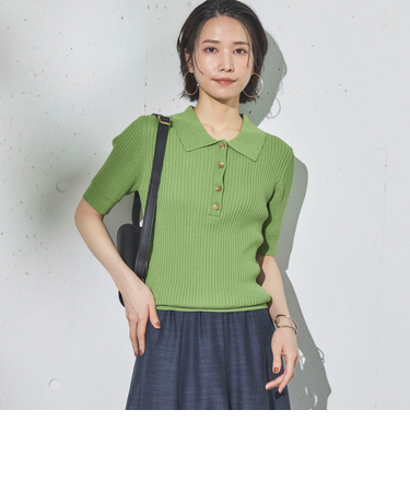ワイドリブ５分袖ポロニット