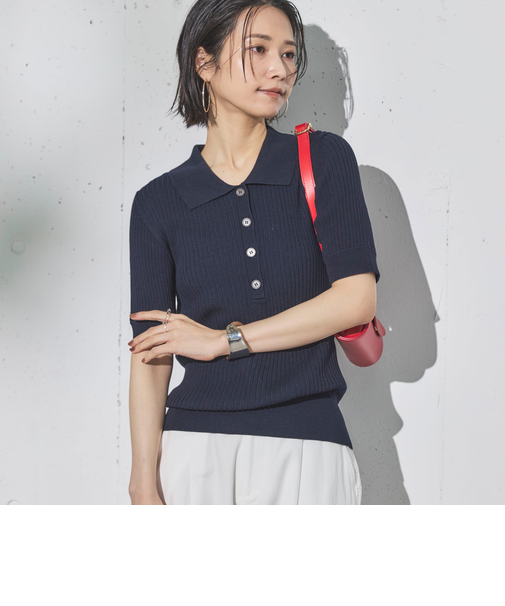 ワイドリブ５分袖ポロニット