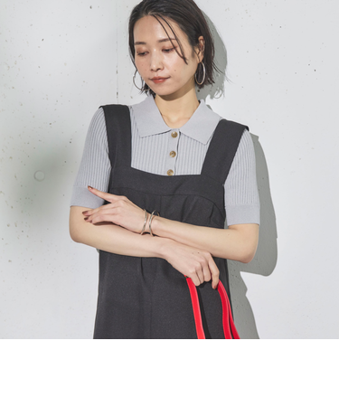 ワイドリブ５分袖ポロニット