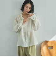 シアーストライプスタンドフリルブラウス