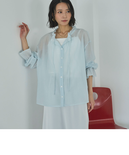 シアーストライプスタンドフリルブラウス