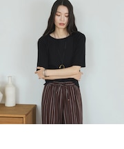 針抜き編み五分袖ニットトップス