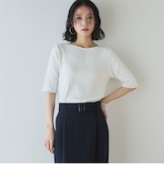 針抜き編み五分袖ニットトップス