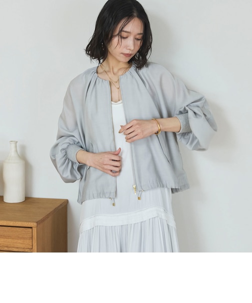 麻調シアーネックギャザーブルゾン