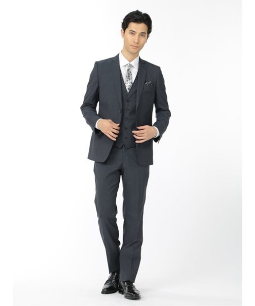 レノマ オム 光沢ストレッチ 2ボタン3ピース ビジネスセットアップスーツ ヘリンボン 紺