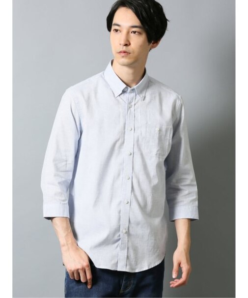 タカキュー リネン混ハケ目 ボタンダウン7分袖シャツ