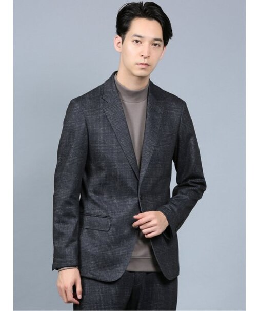 タカキュー プリントジャージ セットアップ2ボタンジャケット チェック紺