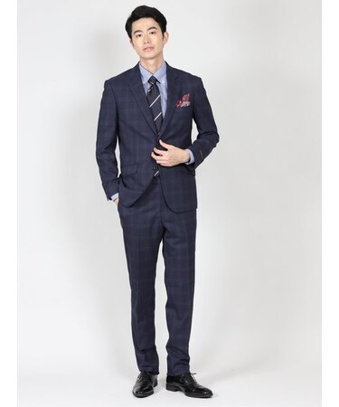 タカキュー ストレッチ 2ボタン2ピース ビジネスセットアップスーツ チェック紺