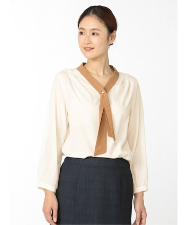 m.f.エディトリアル 配色ボウタイ 8分袖プルオーバーブラウス