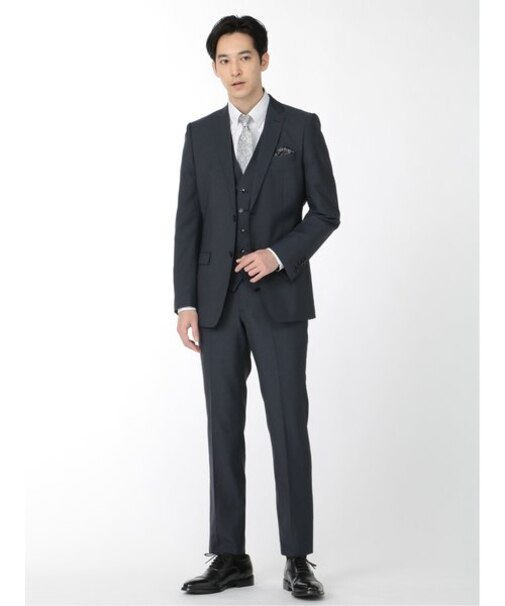 レノマ オム 光沢ストレッチ 2ボタン3ピース ビジネスセットアップスーツ デニムルック紺