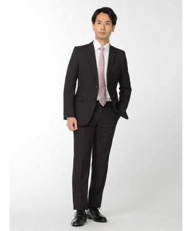 レノマ オム 軽量光沢ストレッチ 2ボタン2ピース ビジネスセットアップスーツ シャドーストライプこげ茶