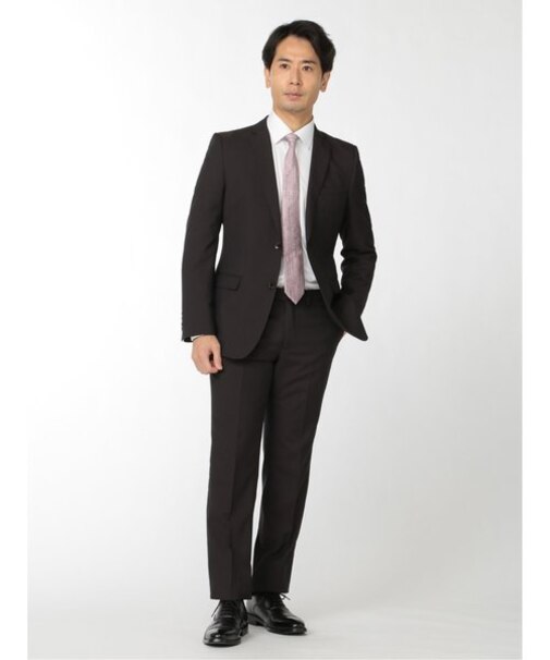 レノマ オム 軽量光沢ストレッチ 2ボタン2ピース ビジネスセットアップスーツ シャドーストライプこげ茶