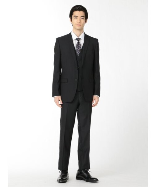 レノマ オム 超光沢ストレッチ 2ボタン3ピース ビジネスセットアップスーツ シャドーストライプ黒