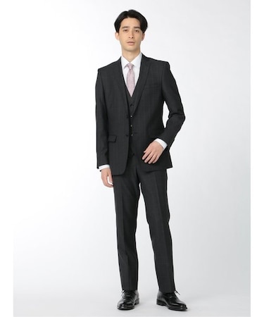 レノマ オム 光沢ストレッチ 2ボタン3ピース ビジネスセットアップスーツ ウィンドペングレー