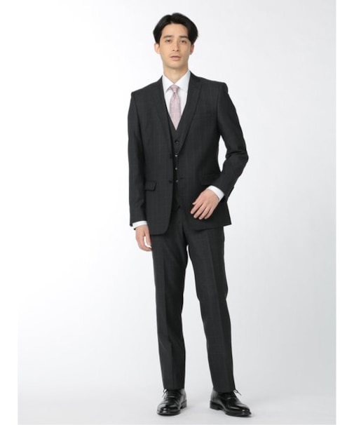 レノマ オム 光沢ストレッチ 2ボタン3ピース ビジネスセットアップスーツ ウィンドペングレー