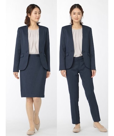 m.f.エディトリアル ストレッチウォッシャブル カラーレスジャケット＋スカート＋パンツ 紺オックス