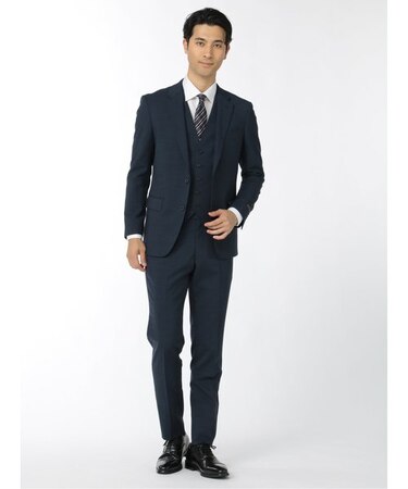 タカキュー ウール混ストレッチ 2ボタン3ピース ビジネスセットアップスーツ 杢紺