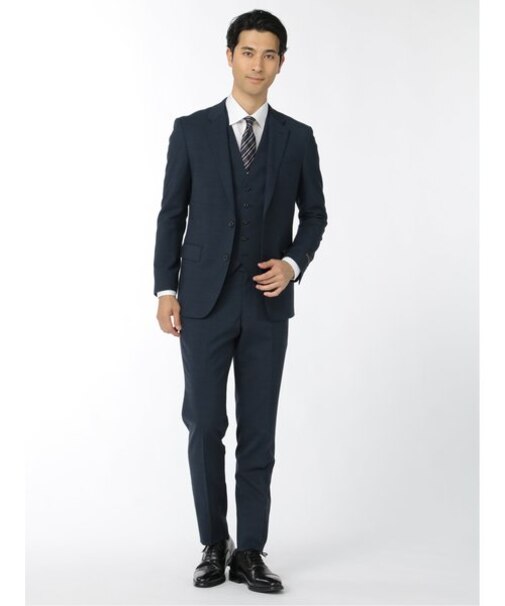 タカキュー ウール混ストレッチ 2ボタン3ピース ビジネスセットアップスーツ 杢紺