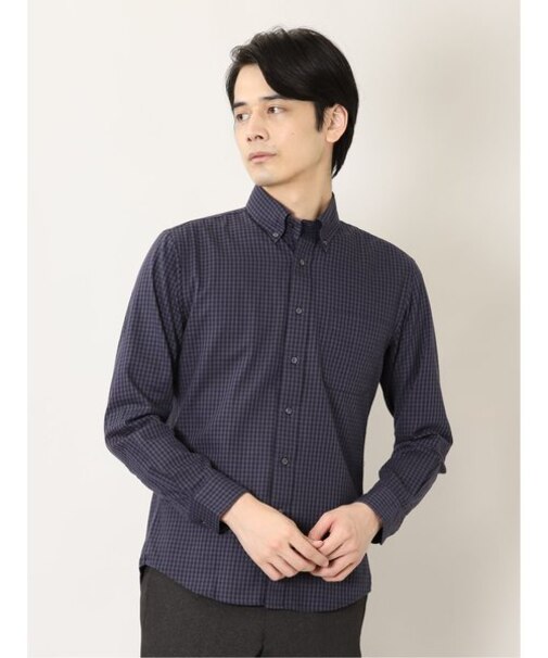 タカキュー コットンツイル チェック柄 ボタンダウン長袖シャツ