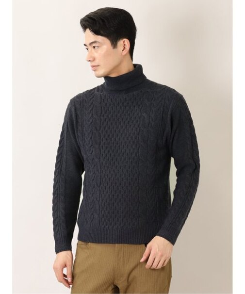 タカキュー クロスストレッチ ケーブルタートルニット