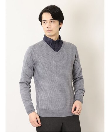 アレキサンダージュリアン ウォッシャブル ウール混バスケット編み Vネックニット