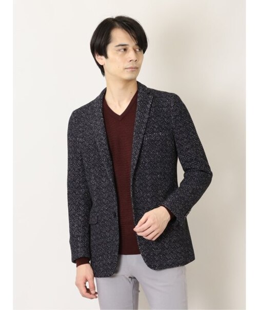 レノマ オム セーターフリースメランジ 2ボタンスリムジャケット 紺
