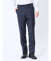 ウール混 スリムフィット ノータックスラックス ヘリンボン青