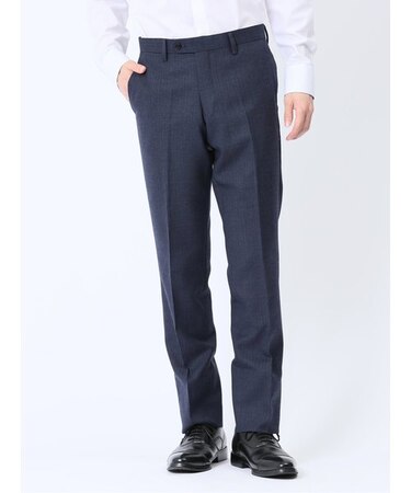ウール混 スリムフィット ノータックスラックス ヘリンボン青