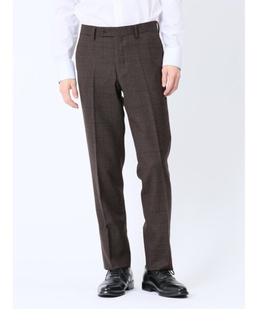 ウール混 スリムフィット ノータックスラックス バーズアイこげ茶
