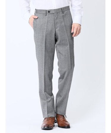 ウール混 レギュラーフィット ノータックスラックス ヘリンボンライトグレー