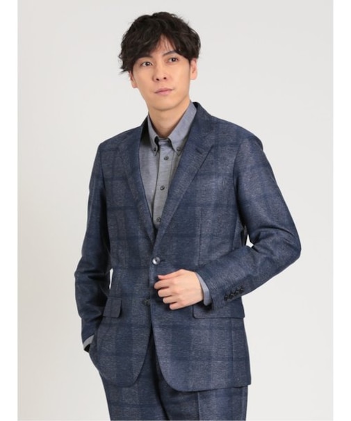 TechLinen スリムフィット 2ボタンジャケット チェック紺(セットアップ可能)