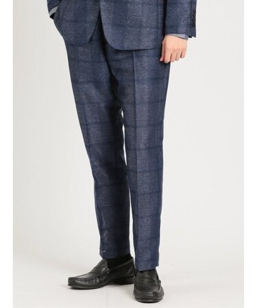 TechLinen スリムフィット ノータックパンツ チェック紺(セットアップ可能)