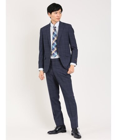 ウール混ストレッチ レギュラーフィット 2ボタン2ピーススーツ ウィンドペン紺