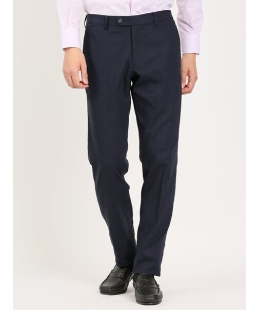 スーパーストレッチ スリムフィット ノータックスラックス ヘリンボン紺
