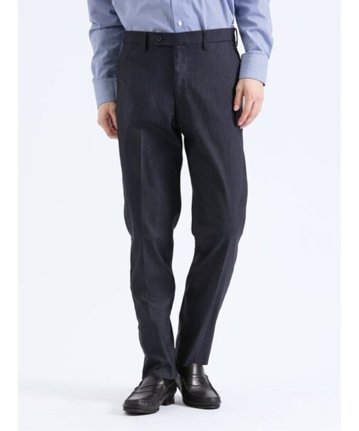 クロスストレッチ スリムフィット ノータックスラックス デニム紺