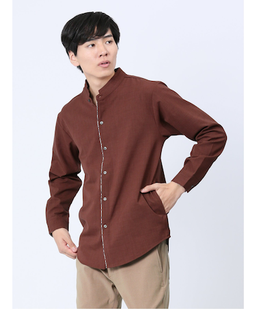 メランジポリトロ 変形スタンドカラー 長袖シャツ