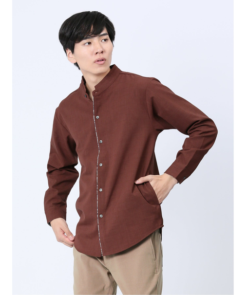 メランジポリトロ 変形スタンドカラー 長袖シャツ