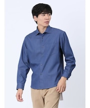 ストレッチ シャンブレー セミワイドカラー長袖シャツ