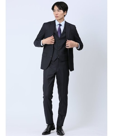 光沢ウール混 スリムフィット 2ボタン3ピーススーツ シャドーストライプ紺