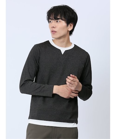 さまになる フェイクレイヤード キーネック長袖Tシャツ