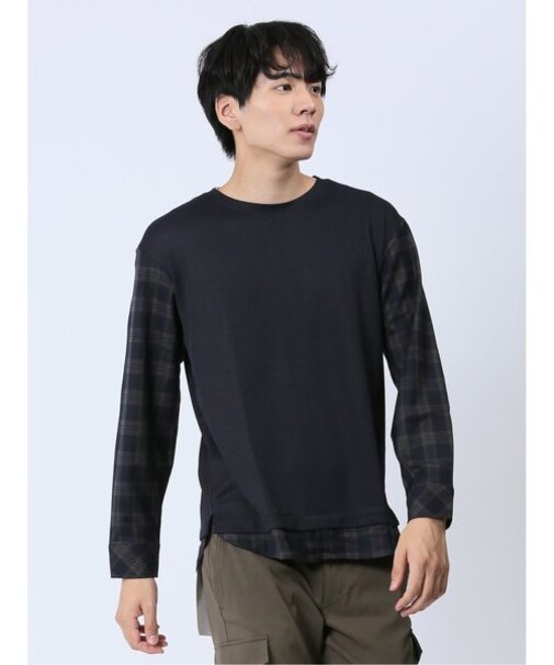 さまになる 布帛切替 クルーネック長袖Tシャツ