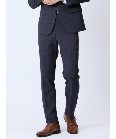 ストレッチウォッシャブル スリムフィット ノータックスラックス チェック青(セットアップ可能)