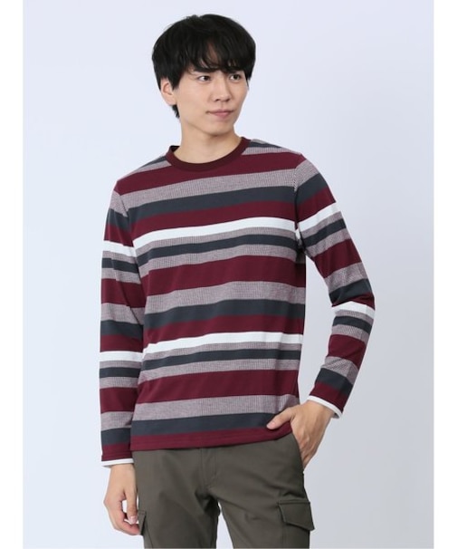 ジャガード 千鳥ボーダー クルーネック長袖Tシャツ