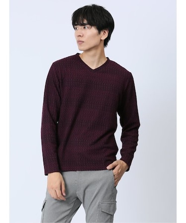 ふくれジャガードリブ Vネック長袖Tシャツ