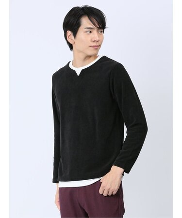 さまになる フェイクレイヤード キーネック長袖Tシャツ