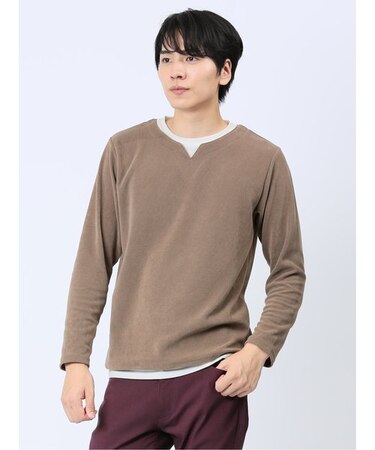 さまになる フェイクレイヤード キーネック長袖Tシャツ